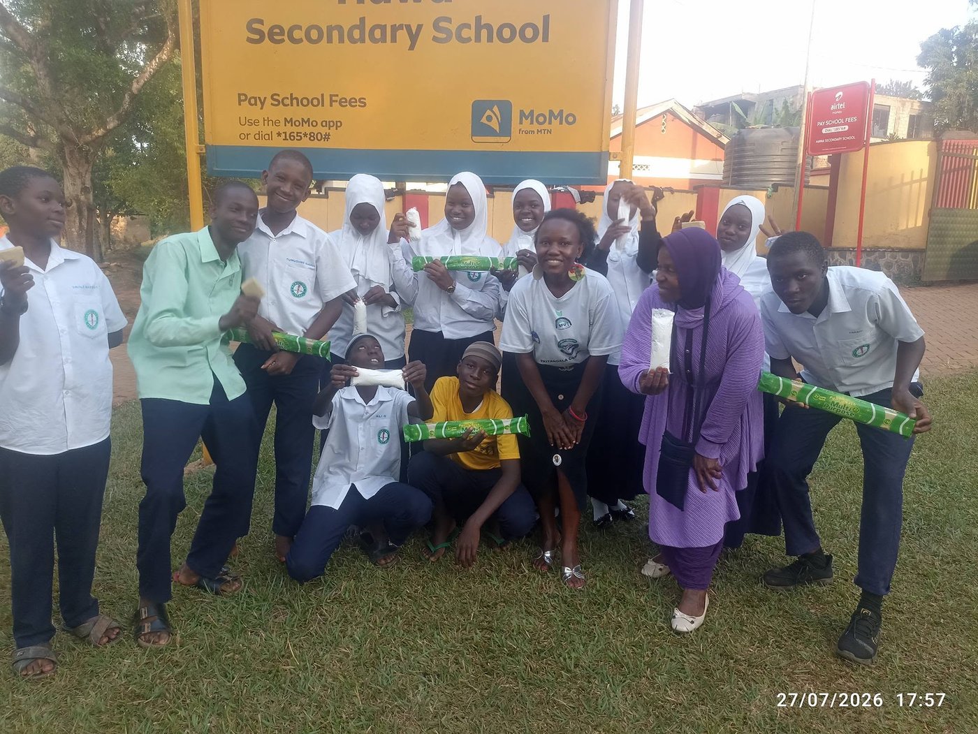 Students at Hawa Secondary School in Uganda receiving hygiene supplies